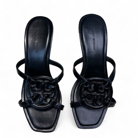 TORY BURCH Miller Bombé Embossed Logo Gold Kitten Heeled Sandal, Black, Size 6 - Picture 7 of 16